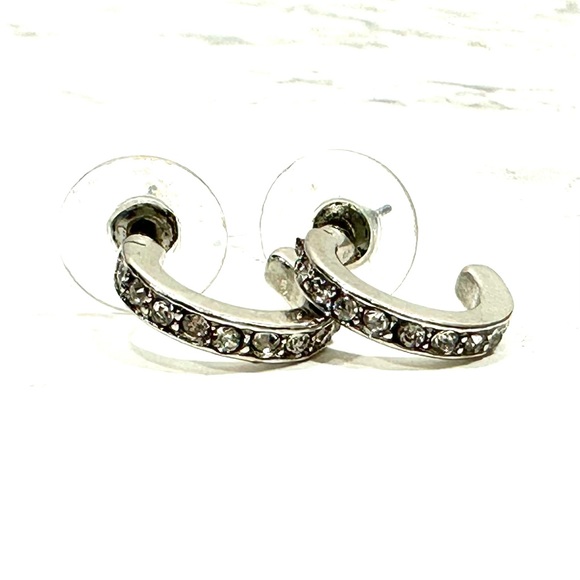 New Silver CZ Crystal Channel Set Semi Hoop Earrings - Picture 2 of 6